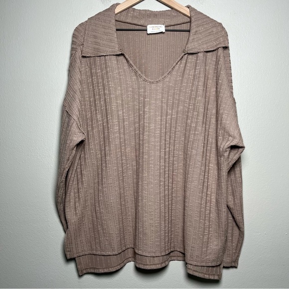 Anthropologie Fantastic Fawn Women Top Large Brown‎ Polo Oversized Boxy Split - Picture 1 of 8